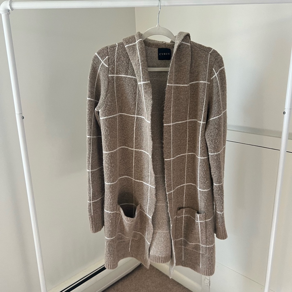 Cyrus Brown Cardigan Sweater with Long Length and Soft Knit Texture